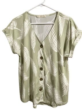 FLT Studio Sage Green White Palm Leaves Sleeveless Button Up Blouse Size M